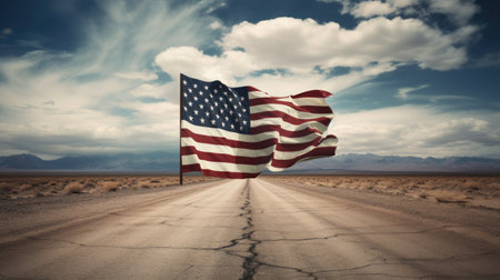 United States flag and road through the American desert, ai generated.の素材