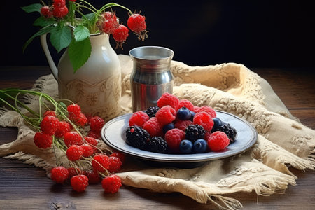 oatmeal with fresh berries on dark wooden table, delicious breakfast, ai generated.の素材