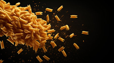 Dry pasta flying in the air on black background, ai generated.の素材