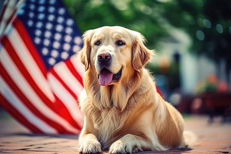 golden retriever in the yard of American house. The 4th of July, Independence Day, ai generated.の素材
