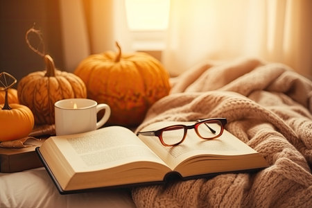 candle, pumpkin decor and tea mug, book with eyeglasses on bed. Autumn home concept, ai generated.の素材