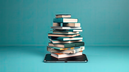 many books on blue background. online library and education, AI Generated.の素材