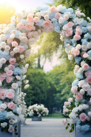 blue wedding arch with roses in the garden.の素材
