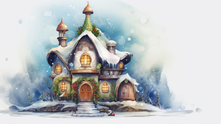 watercolor Christmas decoration with Gingerbread house and Christmas tree.の素材