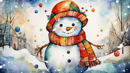 cute adorable snowman with scarf hat and a carrot nose in the snow, Christmas cardの素材
