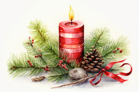 Christmas decoration with candle and Christmas tree. watercolourの素材