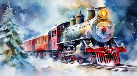 Santas Christmas train in winter , the watercolour background.の素材
