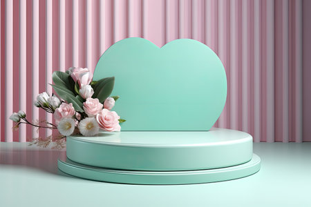 mint podium in valentines background with flowers and decorationsの素材