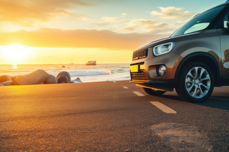 Compact SUV car on concrete road at the sea of beautiful sunset .の素材