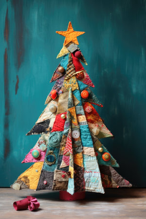 bright patchwork Christmas tree on the green background.の素材