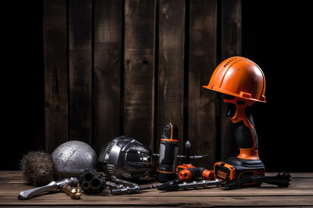 drill, helmet and construction tool on dark wooden background , ai generated.の素材
