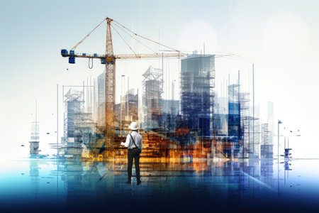 Building engineer on background of construction site, double exposure concept, ai generated.の素材