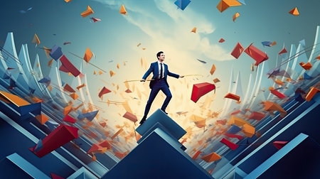 motivated man reaching professional success. business, career, winner concept, AI Generated.の素材