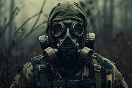portrait of man wearing gas mask for chemical protectionの素材