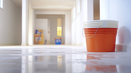 construction site of home renovation with paint and primer jerry buckets on white floor, ai generated.の素材