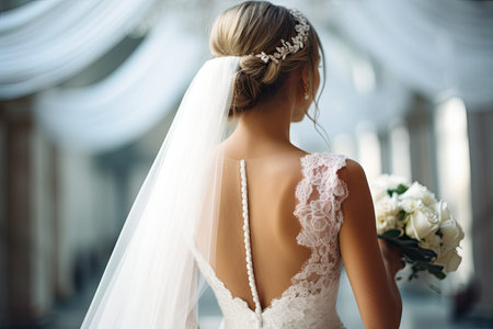 elegant bride before wedding arch in summer day.の素材