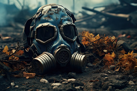 Gas mask on the ground, post apocalyptic background.の素材