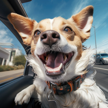 happy funny dog with head out of car windowの素材