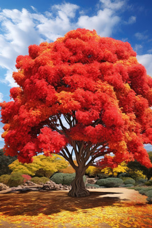 vibrant red and yellow tree with lush foliage, nature, ai generated.の素材