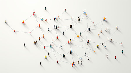 top view of crowd people connected by lines, communication concept, AI Generated.の素材