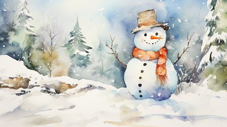 cute adorable snowman with scarf hat and a carrot nose in the snow, Christmas cardの素材