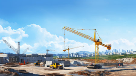 construction site and yellow crane on blue sky background, ai generated.の素材