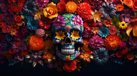 cute halloween skull decorated bright colourful flowers, wallpaper.の素材