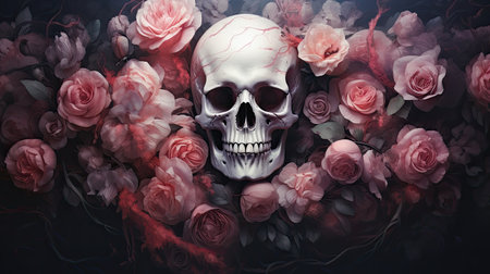 beautiful halloween skull decorated peonies, roses flowers, wallpaper.の素材
