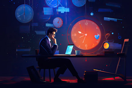 Businessman working at night, making graphs, analytical report. AI Generated.の素材