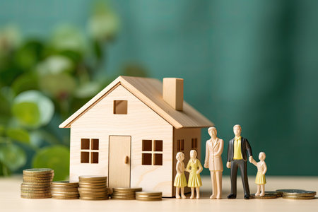 wooden house model with family and money savings for housing mortgage and buying homeの素材