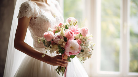 Bride in white wedding dress holding bridal bouquet in gardenの素材