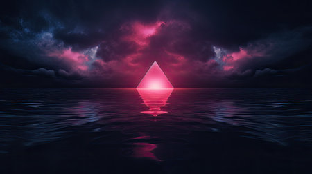 pink neon triangle under water on dark background. futuristic art, ai generated.の素材