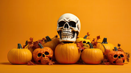 halloween skull decorated orange pumpkins on orange background with copy space, wallpaper.の素材