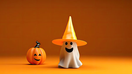 cute Halloween ghost with party hat on orange background.の素材