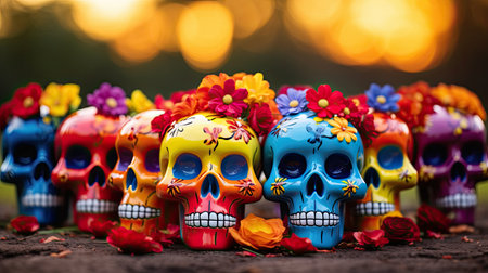 cute halloween skull decorated bright colourful flowers, wallpaper.の素材
