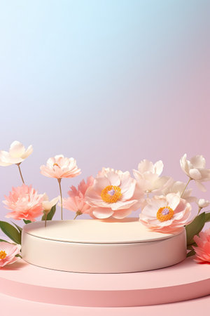white podium with flowers on light pastel pink background. stage for presentation cosmetic productの素材