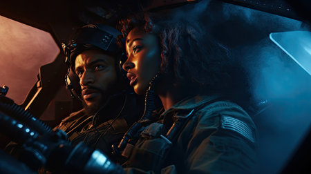 woman and man in the cockpit of a fighter jet. close-upの素材