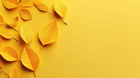 Beautiful autumn yellow leaves. foliage on yellow background.の素材