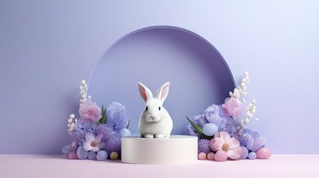 podium with flowers and bunny on pastel background. stage for presentation cosmetic productの素材