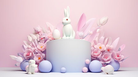 podium with flowers and bunny on pastel background. stage for presentation cosmetic productの素材