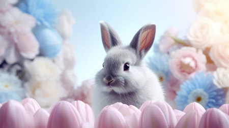 colourful flowers and bunny on light pastel background. easter background.の素材