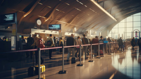blur background of a lot of people in airport terminal.の素材