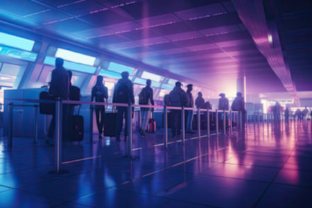 blur background of a lot of people in airport terminal.の素材
