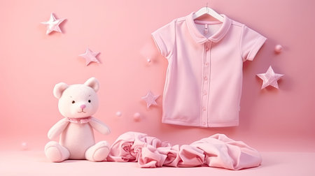 baby toys, clothes on pink background with copy spaceの素材