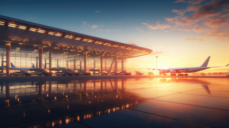 airport terminal building and many planes in the morningの素材