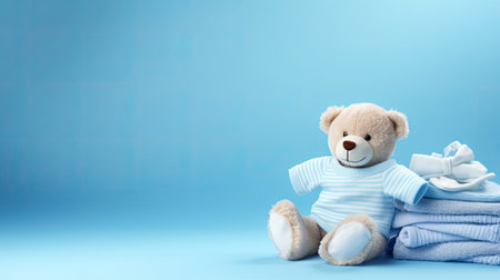 baby toys, clothes on blue background with copy spaceの素材