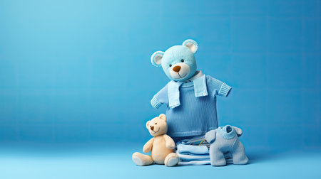 baby toys, clothes on blue background with copy spaceの素材