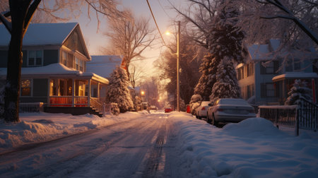 early winter morning, house in a snowy town.の素材