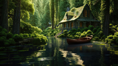 wooden old boat on the river near a house in the summer forest.の素材