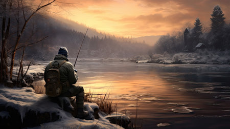 silhouette of a fisherman on the river on an early winter frosty morning.の素材